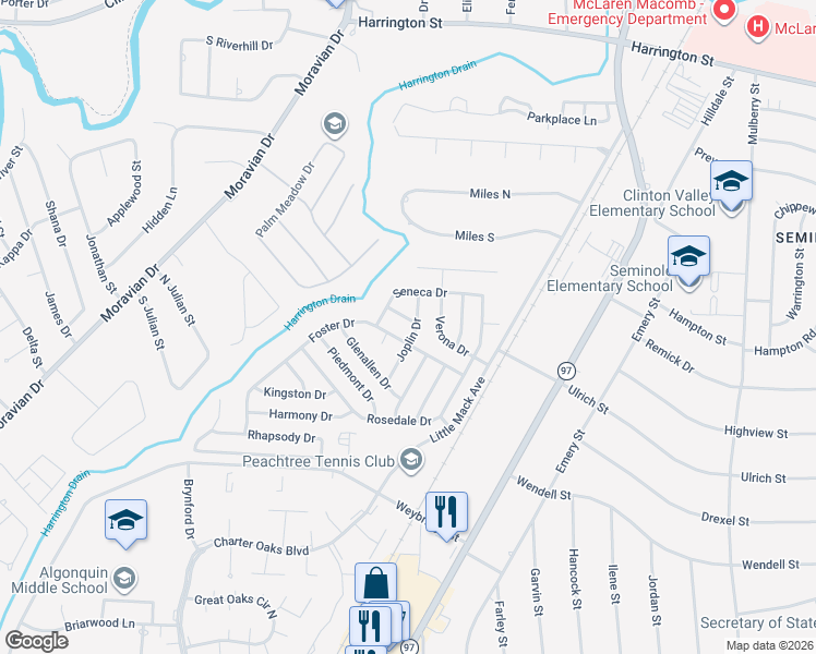 map of restaurants, bars, coffee shops, grocery stores, and more near 20687 Foster Drive in Clinton Township