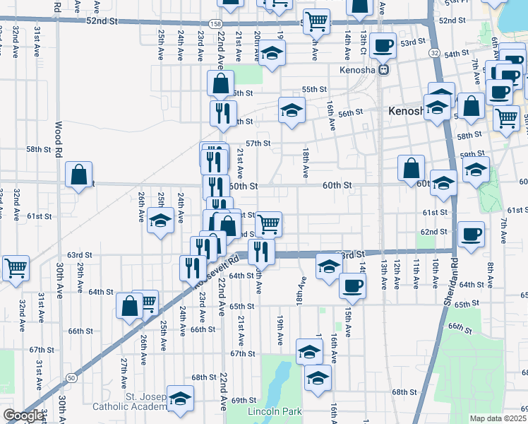 map of restaurants, bars, coffee shops, grocery stores, and more near 1922 61st Street in Kenosha