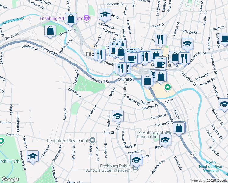 map of restaurants, bars, coffee shops, grocery stores, and more near 29 Payson Street in Fitchburg