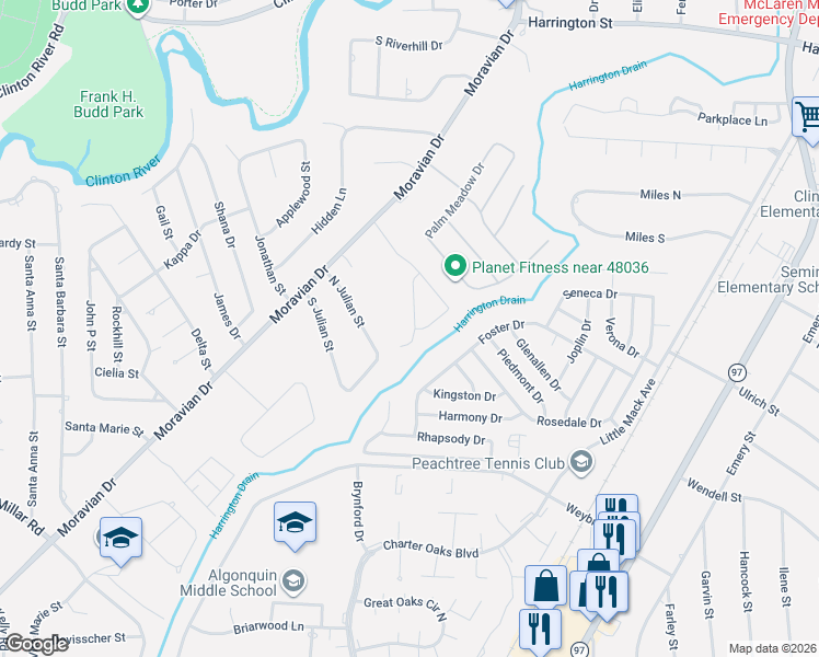 map of restaurants, bars, coffee shops, grocery stores, and more near 38171 Hibrow Street in Clinton Township