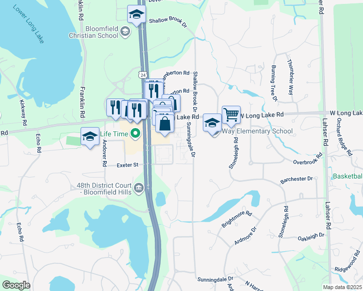 map of restaurants, bars, coffee shops, grocery stores, and more near 801 West Long Lake Road in Bloomfield Hills