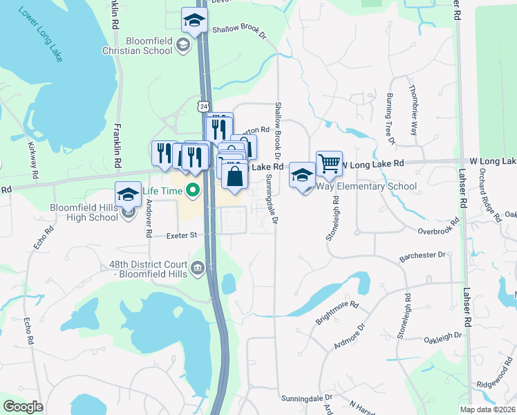 map of restaurants, bars, coffee shops, grocery stores, and more near 801 West Long Lake Road in Bloomfield Hills