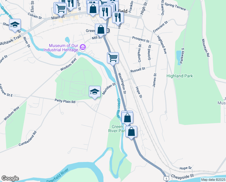 map of restaurants, bars, coffee shops, grocery stores, and more near 15 Meridian Street in Greenfield
