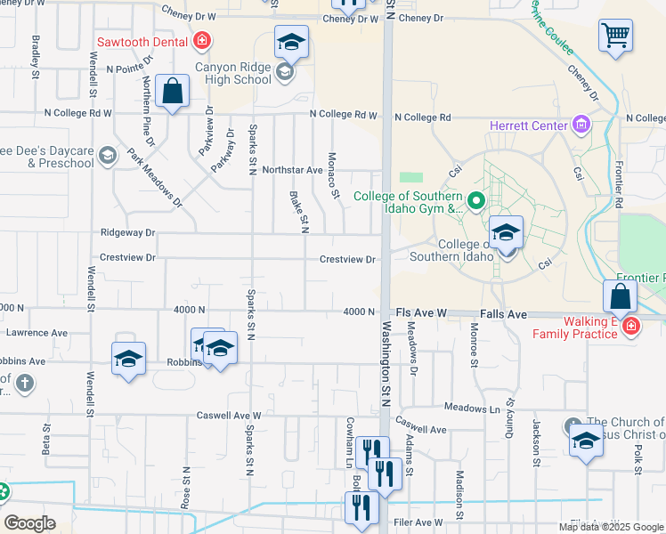 map of restaurants, bars, coffee shops, grocery stores, and more near 956 Blake Street North in Twin Falls