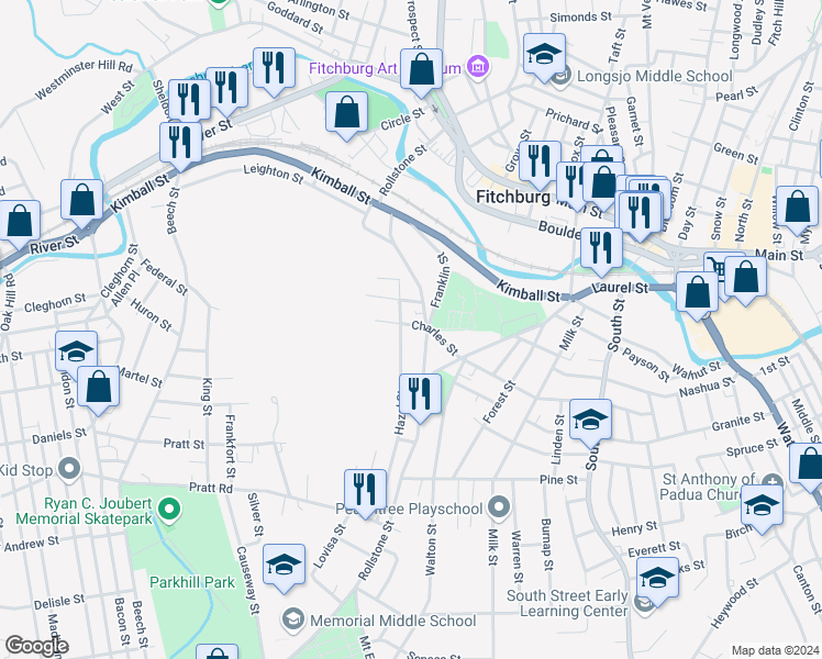 map of restaurants, bars, coffee shops, grocery stores, and more near 54 Hazel Street in Fitchburg