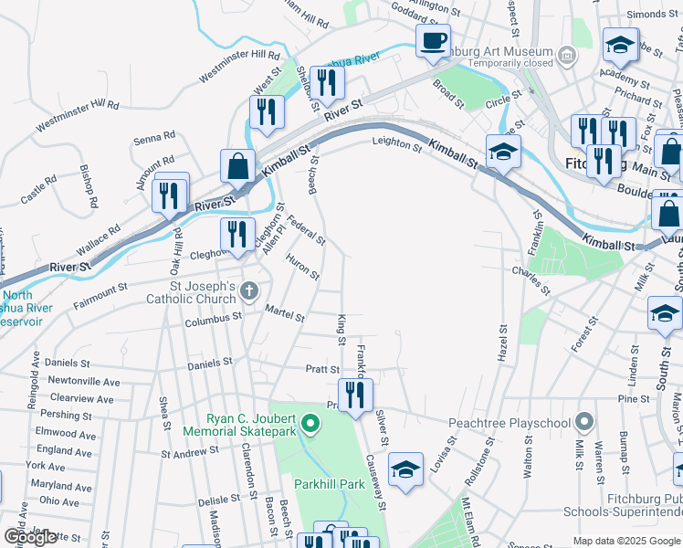 map of restaurants, bars, coffee shops, grocery stores, and more near 40 King Street in Fitchburg