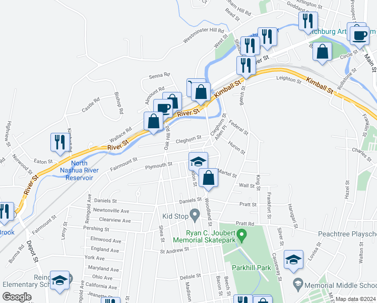 map of restaurants, bars, coffee shops, grocery stores, and more near 56 Clarendon Street in Fitchburg