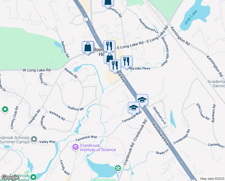 map of restaurants, bars, coffee shops, grocery stores, and more near 57 Vaughan-Ridge Road in Bloomfield Hills