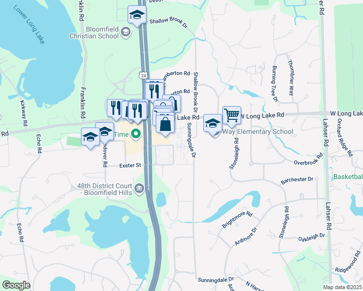 map of restaurants, bars, coffee shops, grocery stores, and more near Pine Thistle Lane in Bloomfield Township