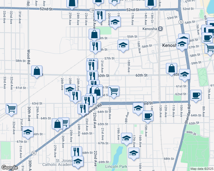 map of restaurants, bars, coffee shops, grocery stores, and more near 2019 61st Street in Kenosha