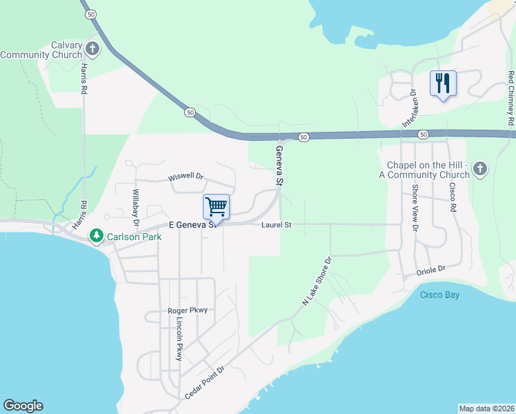 map of restaurants, bars, coffee shops, grocery stores, and more near 671 Geneva Street in Lake Geneva