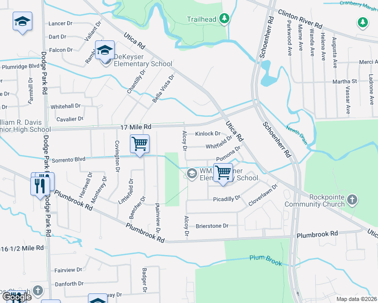 map of restaurants, bars, coffee shops, grocery stores, and more near 12872 Pomona Drive in Sterling Heights