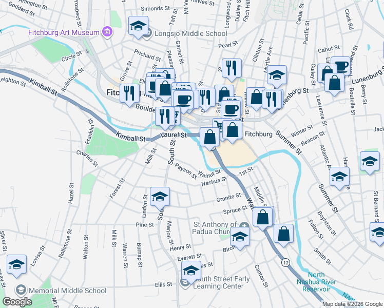 map of restaurants, bars, coffee shops, grocery stores, and more near 75 Walnut Street in Fitchburg
