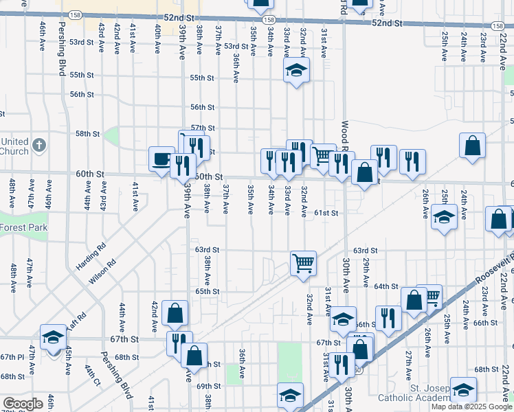 map of restaurants, bars, coffee shops, grocery stores, and more near 6112 34th Avenue in Kenosha
