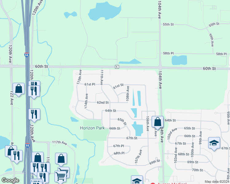 map of restaurants, bars, coffee shops, grocery stores, and more near 6113 109th Avenue in Kenosha