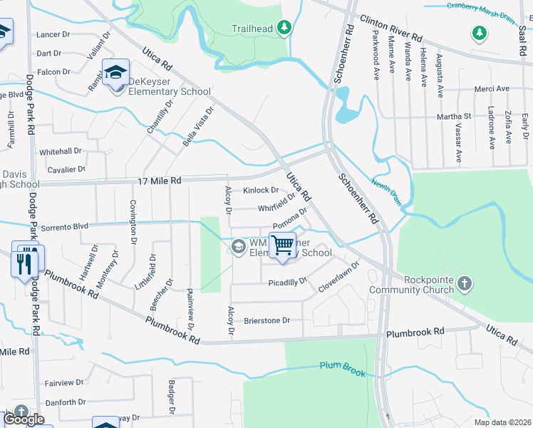map of restaurants, bars, coffee shops, grocery stores, and more near 13016 Pomona Drive in Sterling Heights