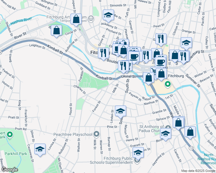 map of restaurants, bars, coffee shops, grocery stores, and more near 4 Forest Street in Fitchburg