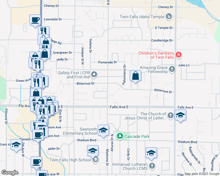 map of restaurants, bars, coffee shops, grocery stores, and more near 978 Madrona Street North in Twin Falls