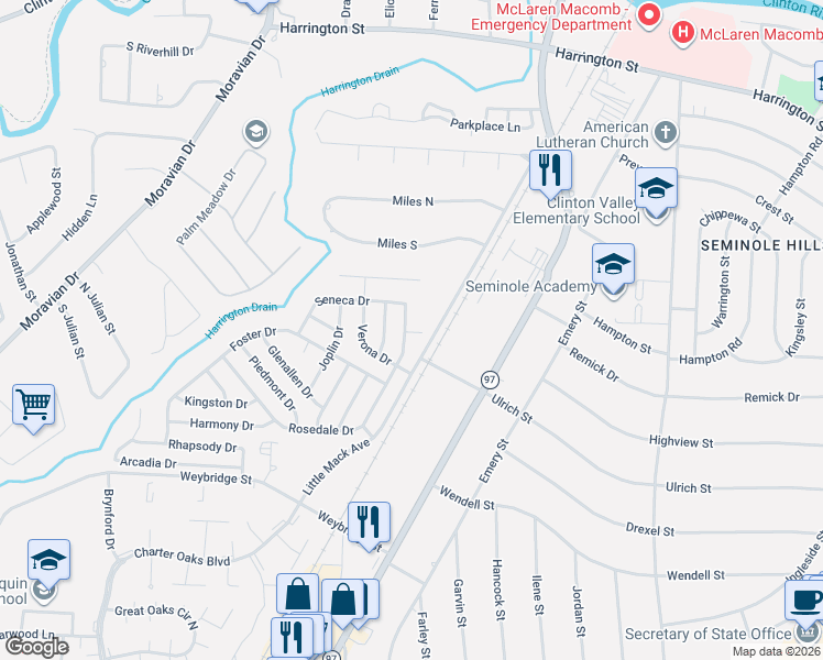 map of restaurants, bars, coffee shops, grocery stores, and more near 38055-38135 Little Mack Avenue in Charter Township of Clinton