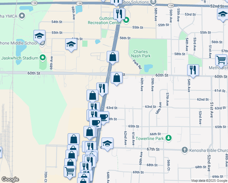 map of restaurants, bars, coffee shops, grocery stores, and more near 6206 63rd Avenue in Kenosha