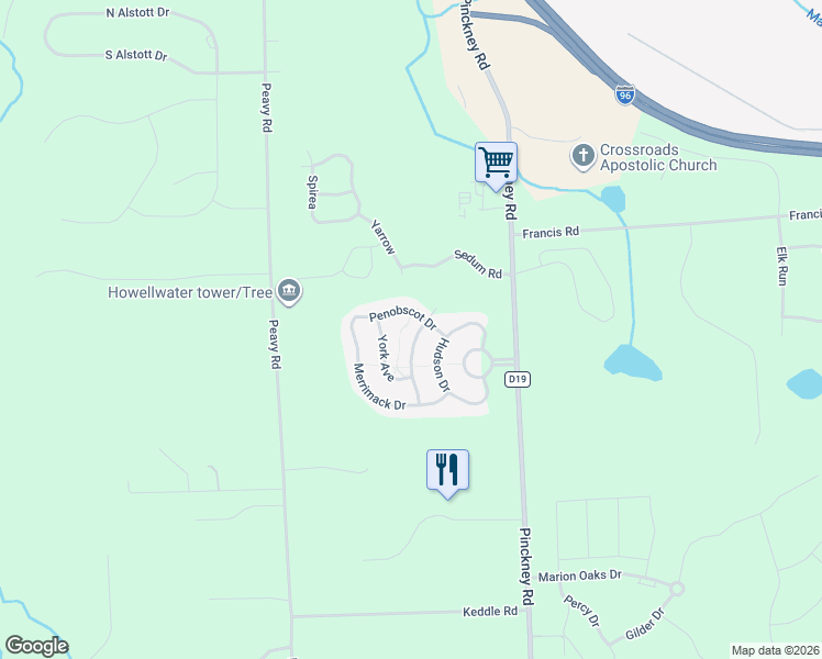 map of restaurants, bars, coffee shops, grocery stores, and more near 1219 Portsmouth Court in Howell
