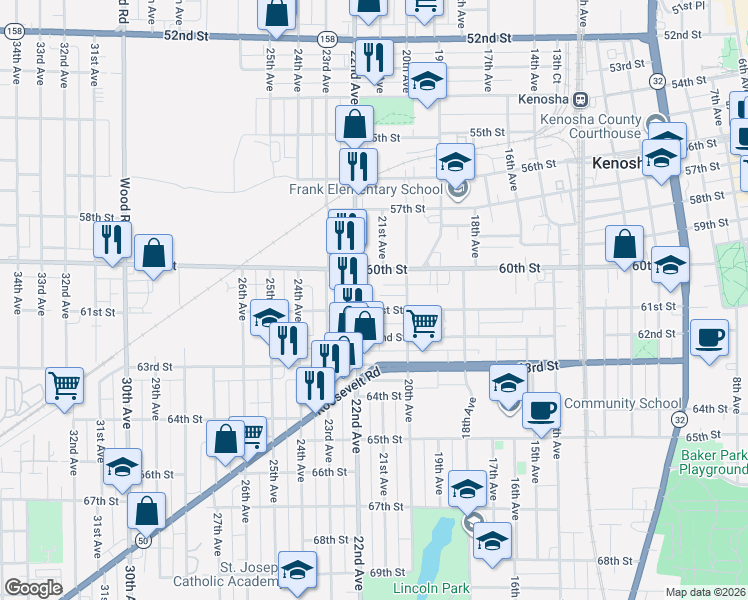 map of restaurants, bars, coffee shops, grocery stores, and more near 6110 22nd Avenue in Kenosha