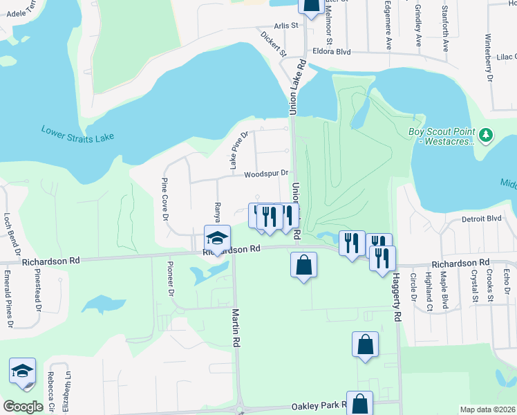 map of restaurants, bars, coffee shops, grocery stores, and more near 8135 Timber Cove Street in Commerce Charter Township