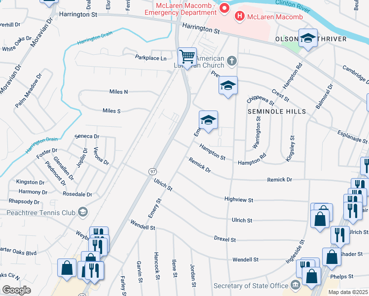 map of restaurants, bars, coffee shops, grocery stores, and more near 38141 Emery Street in Clinton Township