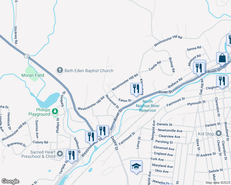 map of restaurants, bars, coffee shops, grocery stores, and more near 563 Westminster Hill Road in Fitchburg