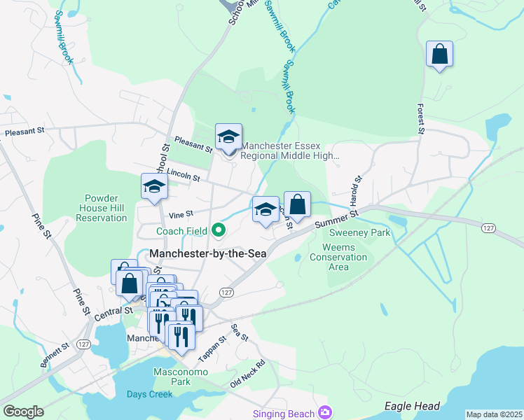 map of restaurants, bars, coffee shops, grocery stores, and more near 43 Lincoln Street in Manchester-by-the-Sea