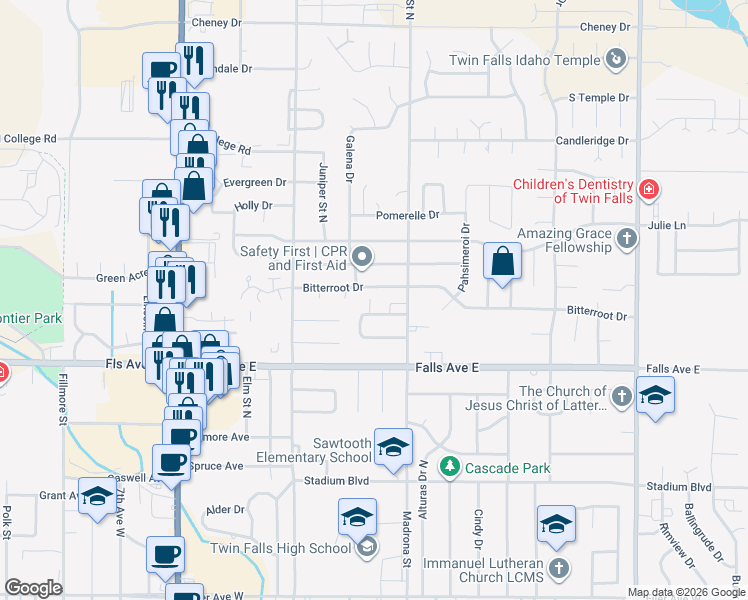 map of restaurants, bars, coffee shops, grocery stores, and more near 1753 Bitterroot Drive in Twin Falls
