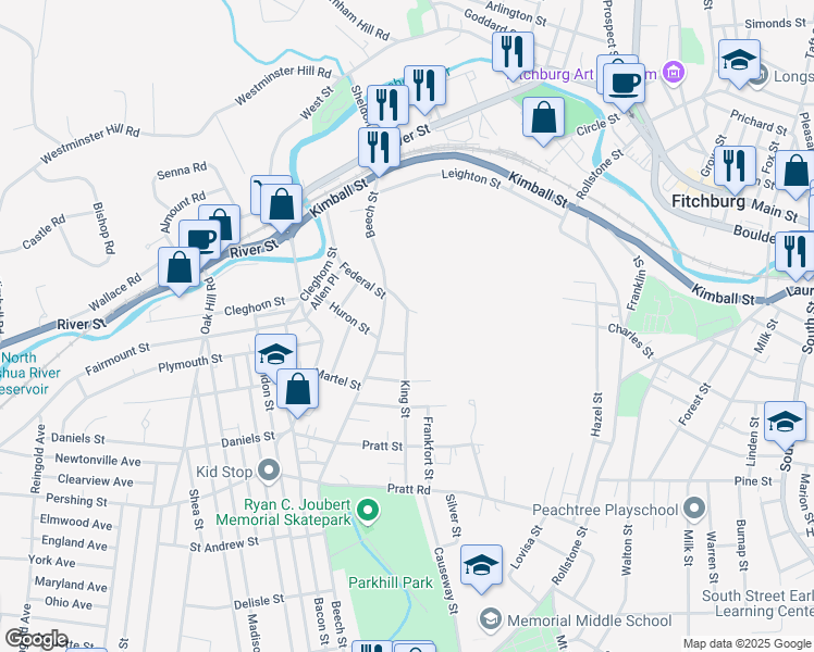 map of restaurants, bars, coffee shops, grocery stores, and more near 1 King Street in Fitchburg