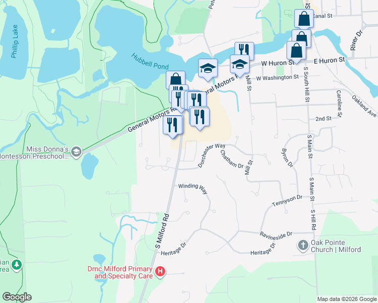 map of restaurants, bars, coffee shops, grocery stores, and more near 147 South Milford Road in Milford Charter Township