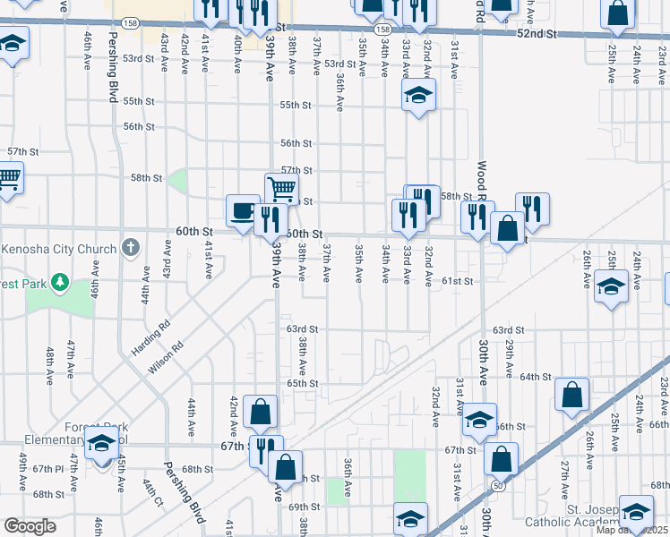 map of restaurants, bars, coffee shops, grocery stores, and more near 6014 35th Avenue in Kenosha