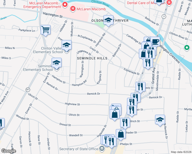 map of restaurants, bars, coffee shops, grocery stores, and more near 690 Chippewa Street in Mount Clemens