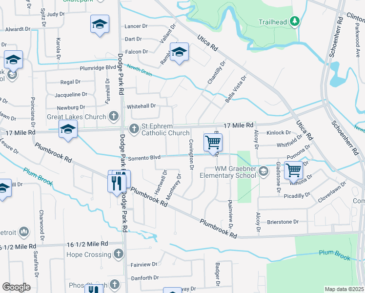map of restaurants, bars, coffee shops, grocery stores, and more near 38768 Monterey Drive in Sterling Heights