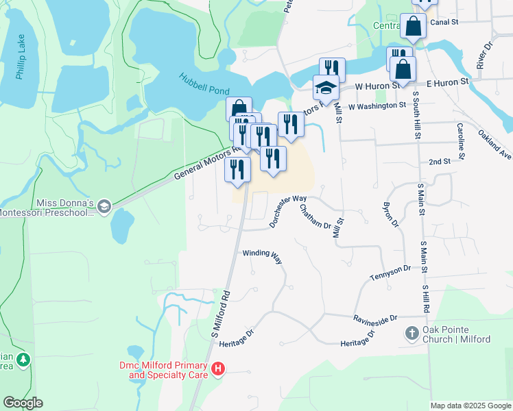 map of restaurants, bars, coffee shops, grocery stores, and more near 147 South Milford Road in Milford Charter Township