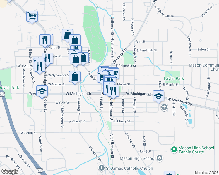 map of restaurants, bars, coffee shops, grocery stores, and more near 154 West Maple Street in Mason