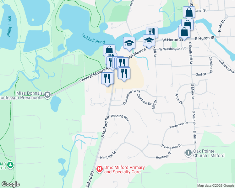 map of restaurants, bars, coffee shops, grocery stores, and more near 147 South Milford Road in Milford Charter Township