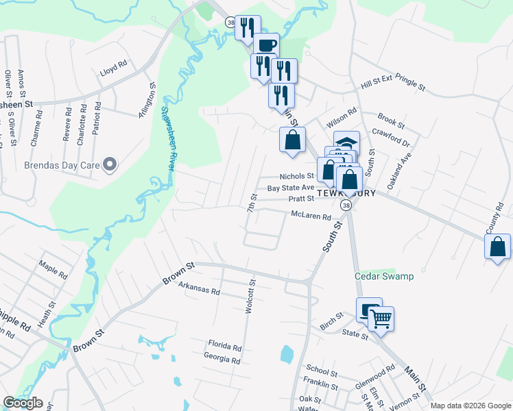 map of restaurants, bars, coffee shops, grocery stores, and more near 56 Bay State Avenue in Tewksbury