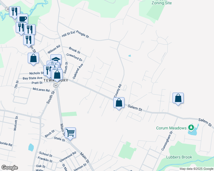map of restaurants, bars, coffee shops, grocery stores, and more near 74 Waldo Road in Tewksbury