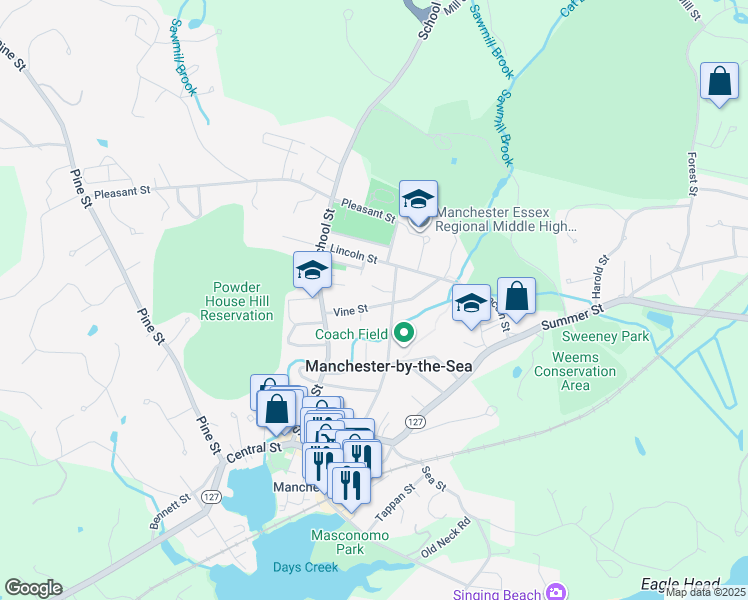 map of restaurants, bars, coffee shops, grocery stores, and more near 2A Filias Circle in Manchester-by-the-Sea