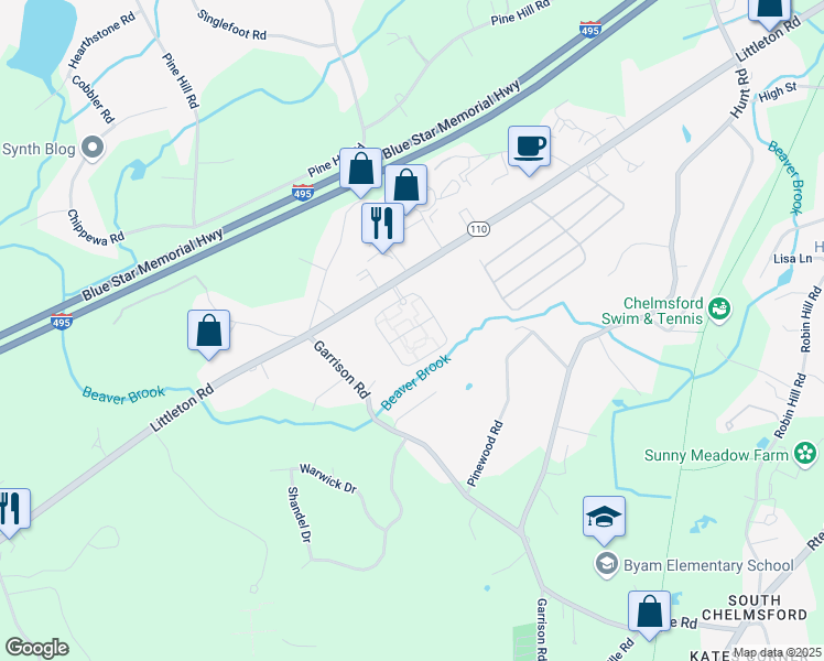 map of restaurants, bars, coffee shops, grocery stores, and more near 360 Littleton Road in Chelmsford