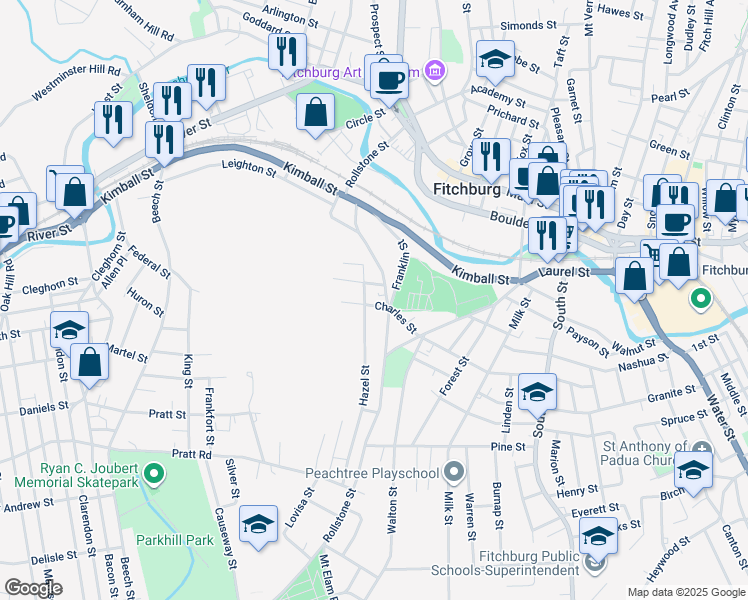 map of restaurants, bars, coffee shops, grocery stores, and more near 18 Hazel Street in Fitchburg