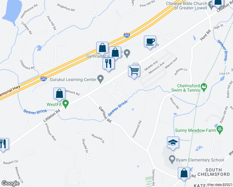 map of restaurants, bars, coffee shops, grocery stores, and more near 360 Littleton Road in Chelmsford