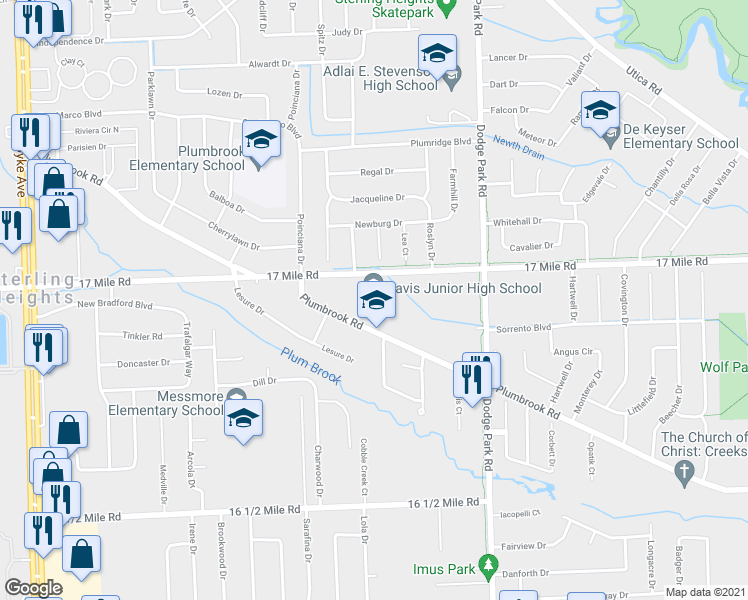 map of restaurants, bars, coffee shops, grocery stores, and more near 11311 Plumbrook Road in Sterling Heights
