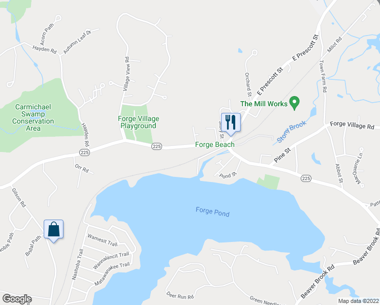 map of restaurants, bars, coffee shops, grocery stores, and more near 13 West Prescott Street in Westford