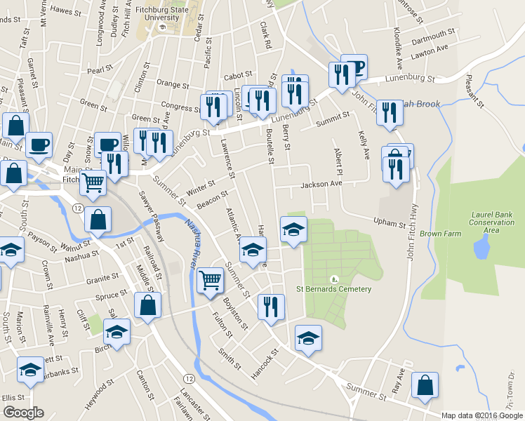map of restaurants, bars, coffee shops, grocery stores, and more near 51 Harrison Avenue in Fitchburg