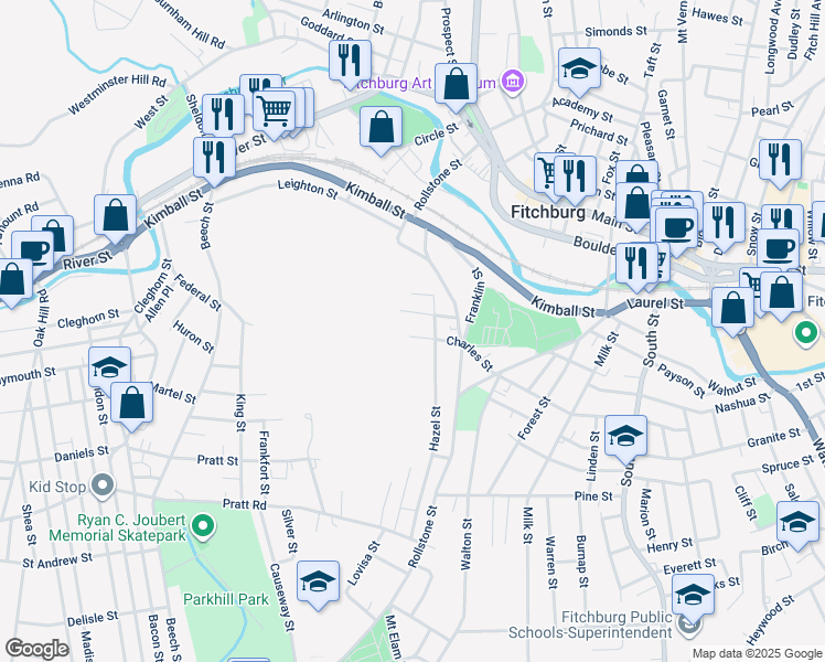 map of restaurants, bars, coffee shops, grocery stores, and more near 56 Shattuck Street in Fitchburg