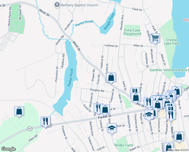 map of restaurants, bars, coffee shops, grocery stores, and more near 10 Draper Road in Gardner